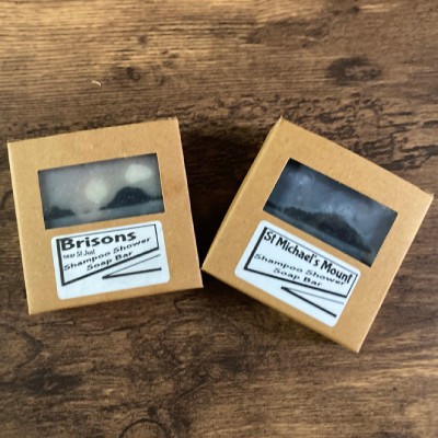 Soap in cardboard boxes with window showing image of the Brisons near St Just and St Michaels Mount