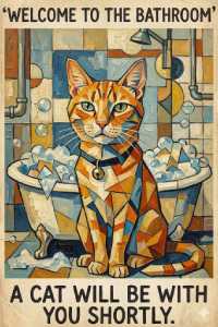 Ginger cat in front of a bath with cPTION ON TOP SAYING 'wELCOME TO THE BATHROOM' AND 'A CAT WILL BE WITH YOU SHORTLY AT THE BOTTOM