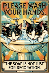 two cats peering out of a sink with bubbles. Header saying 'Please wash your hands', bottom inscription says: 'The soap is not just for decoration.'