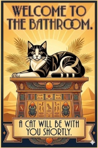 Cat sitting on an Egyptian looking plinth, header saying: 'Welcome to the bathroom.' Bottom inscription says: 'A cat will be with you shortly.'