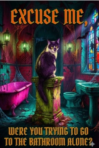 Black and white cat sitting on a plinth ina scary looking Gothic bathroom in dark and fluorescent colours. Header saying: 'Excuse me,'. Bottom inscription saying: 'were you trying to go to the bathroom alone?'