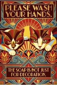 Two cats peering out of the picture in art deco style. Header saying: 'Please wash your hands.' Bottom inscription says: 'The soap is not just for decoration.'