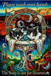 2 cats in a sink in a surrealist style. Very colourful. Caption on top reading;'Please wash your hands' at bottom 'The soap is not just for decoration.'