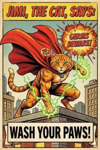 Ginger cat looking like a super hero with a red cape on a roof before an urban background. Header saying:’Jimi, the cat, says,’ and bottom inscription says:’wash your paws.’